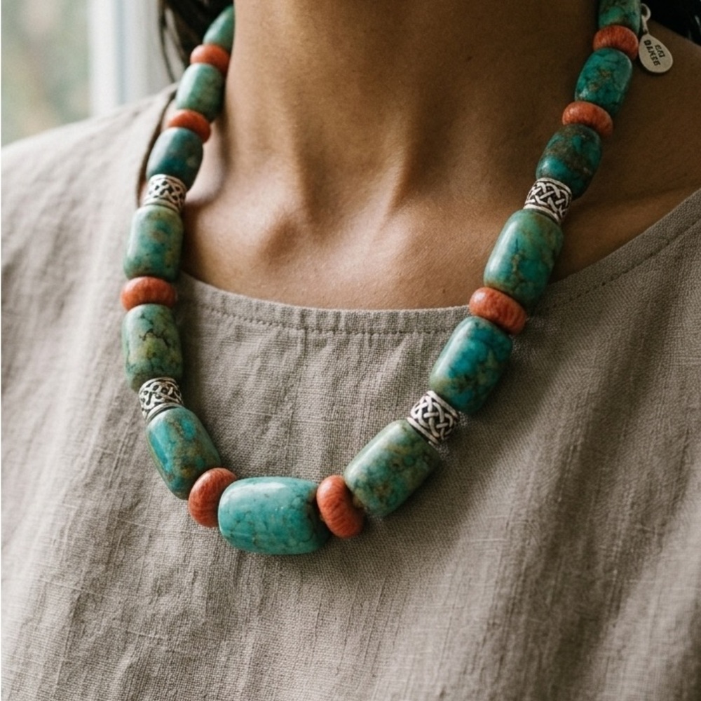 Studio Barse 925 Turquoise & Coral Statement Necklace | Celtic Knotwork | Signed - Picture 2 of 7